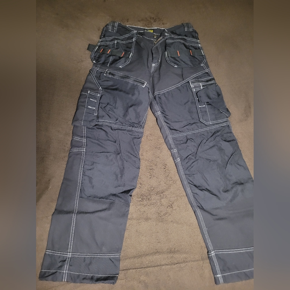 Blaklader work pants mens 34x32 black double knee canvas utility pockets hemmed.